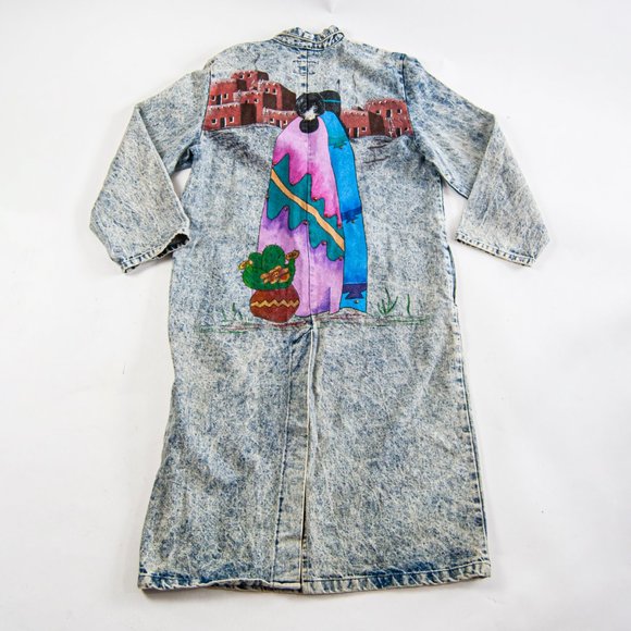 80s Acid Wash Hand Painted Southwestern Duster L L - Picture 10 of 11